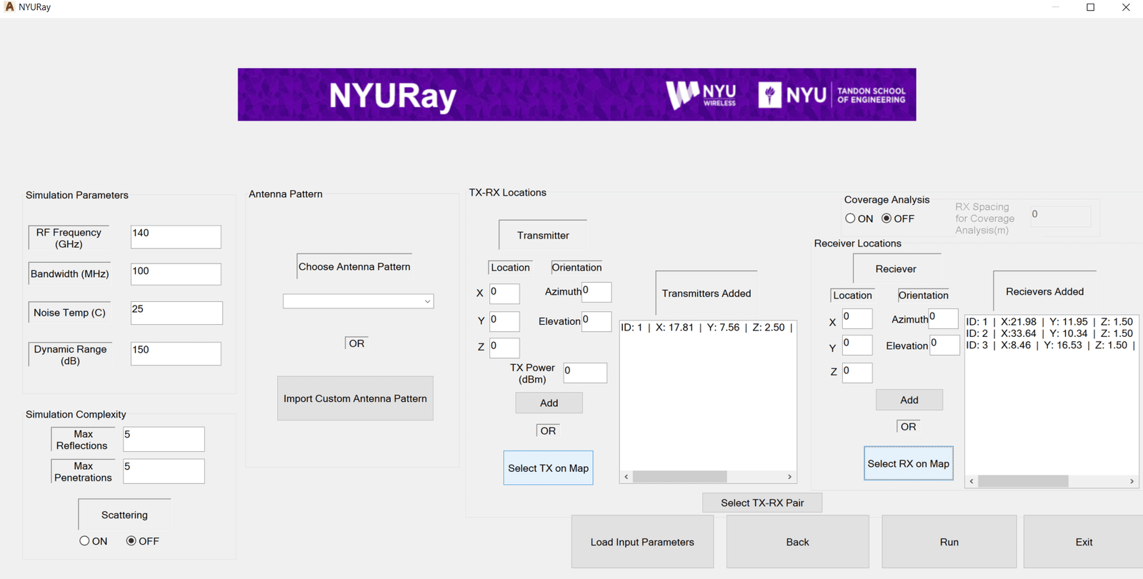 The NYURay GUI for setting frequency, bandwidth, interactions, antennas and TX/RX positions (Ying, M.S. thesis 2025).