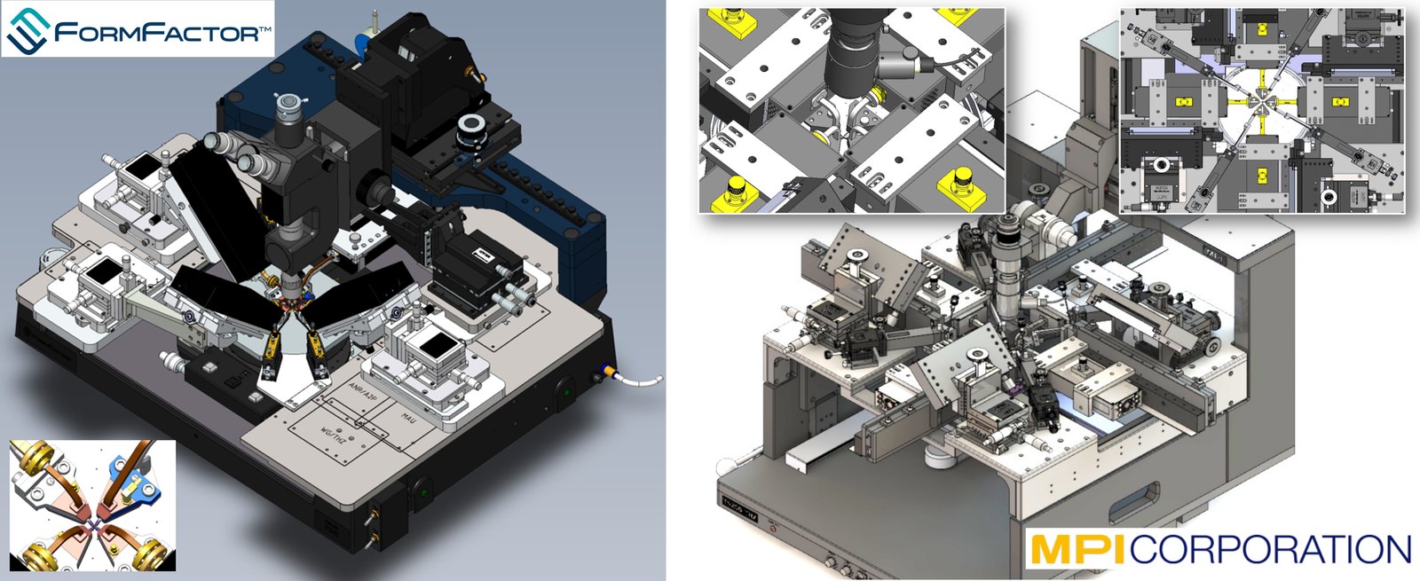 The FormFactor (left) and MPI (right) four-port probing designs, with probes landing from the East, West, North and South (Shakya et al., IEEE APMC 2025).